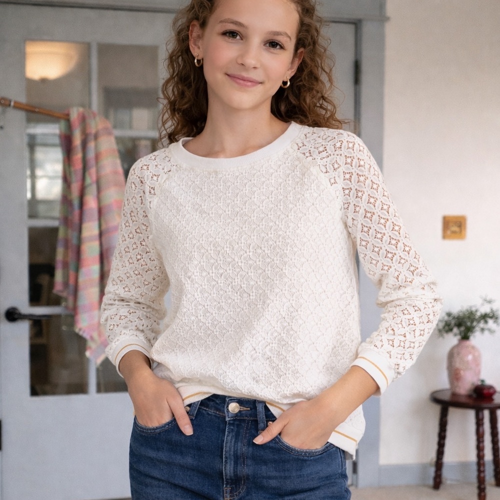 H&M Lace Sweatshirt Raglan‎ Long Sleeve White Crochet Overlay